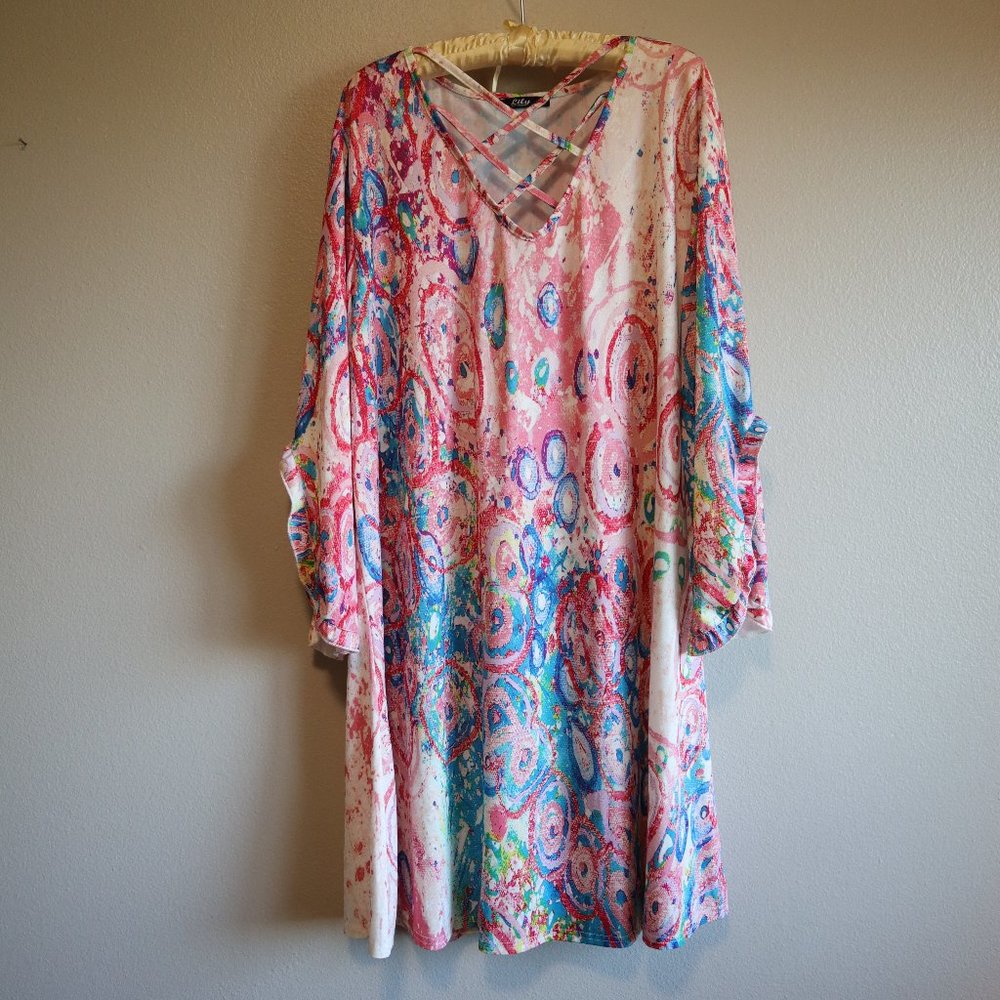 Lily by Firmania Pink and Blue Novelty Print Women's Tunic Style Shirt Dress 3XL